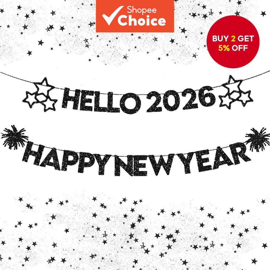 Hello 2026 NYE Decorations Glitter Happy New Year Black Banner New ...