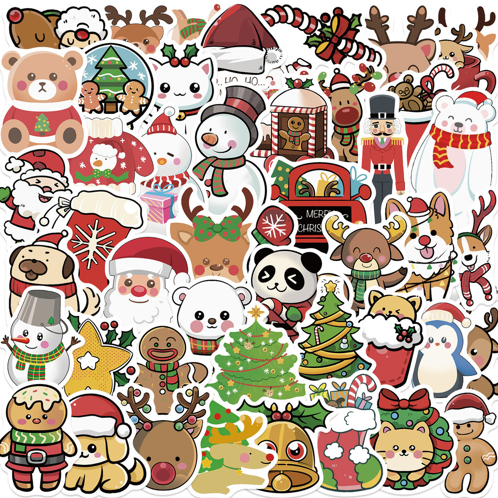 50pcs Cartoon Christmas Party Stickers DIY Christmas Animals Stickers ...