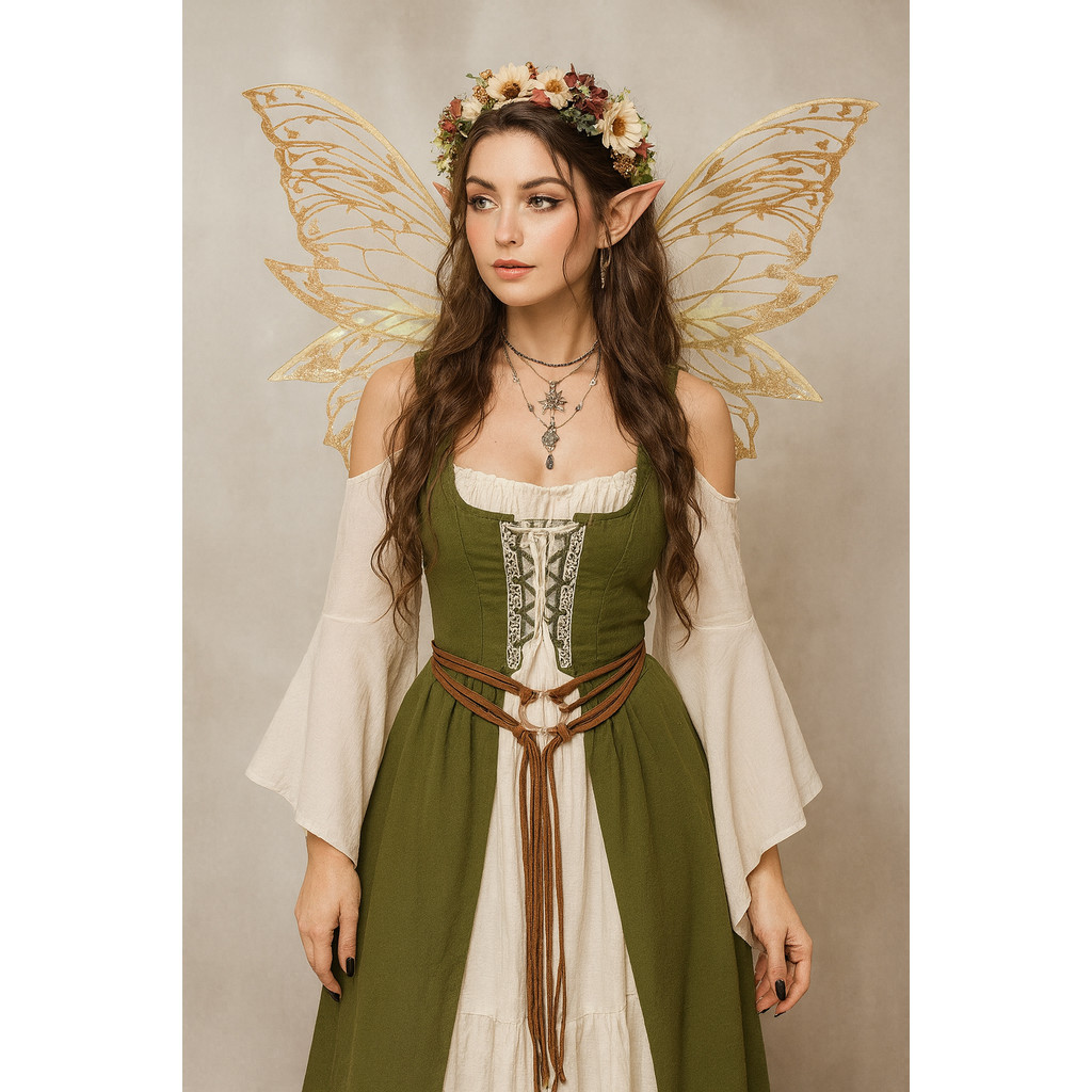 MYLITTLELASS Medieval Elf Fairy Costume Renaissance Dress with Wings,  Floral Crown, Ears, Necklace & Belt Set