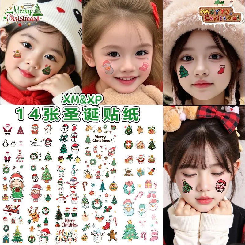Christmas Children Cartoon Cute Tattoo Stickers Waterproof Party Santa ...