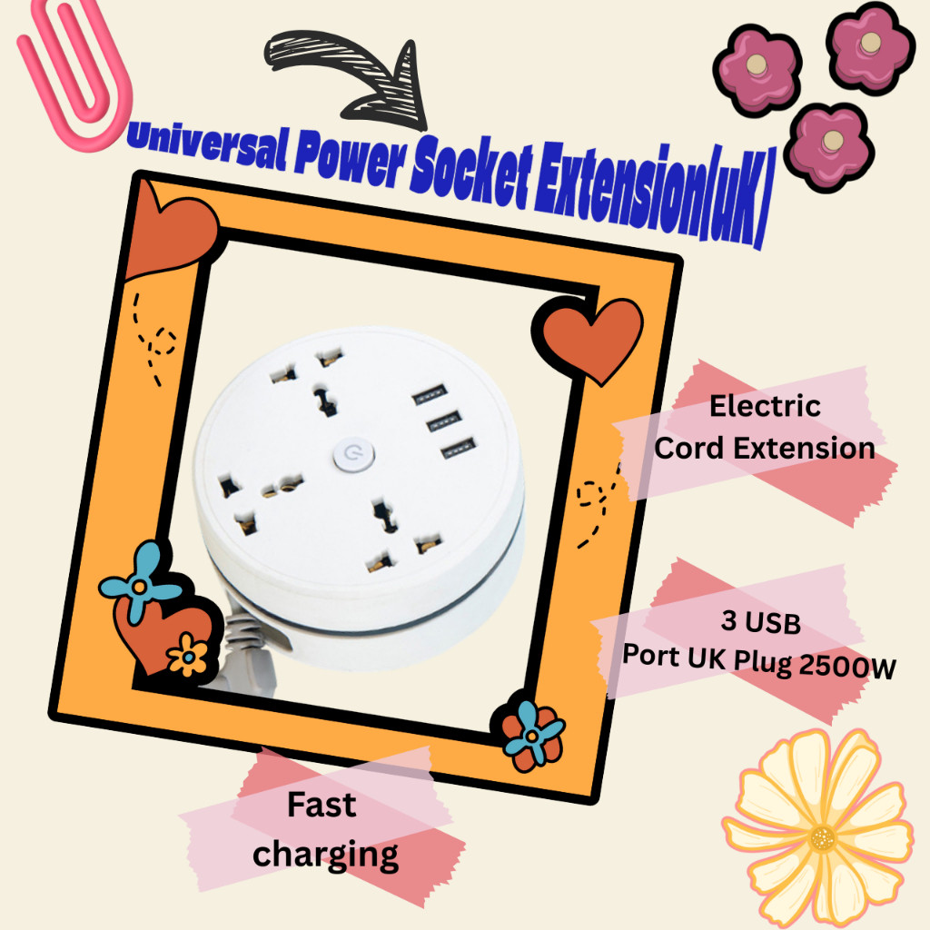 Universal Power Socket Extension 3 USB Port UK Plug 2500W 10A Electric ...