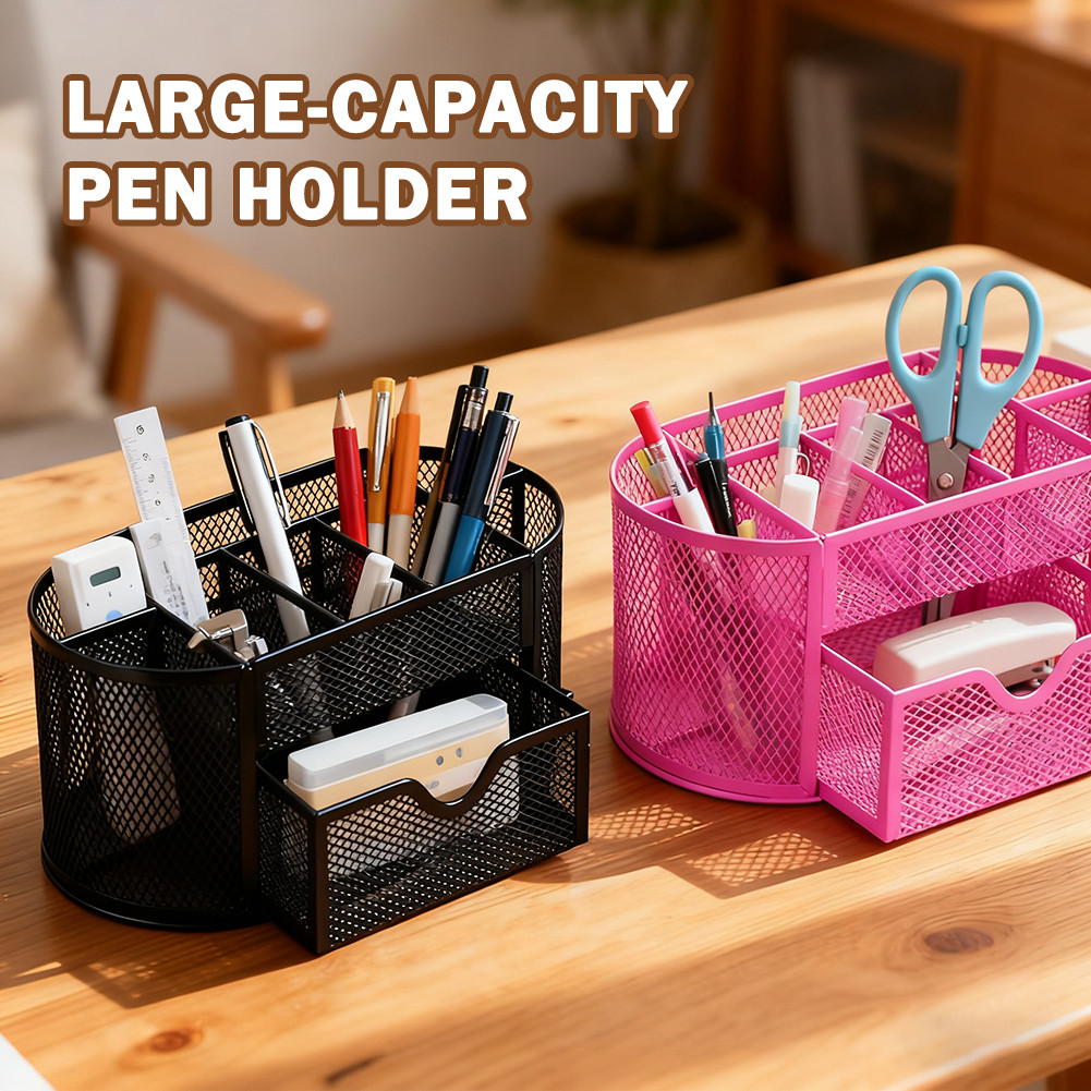 9 Grid Metal Pen Holder with Drawer Compartment Multifunctional Storage ...