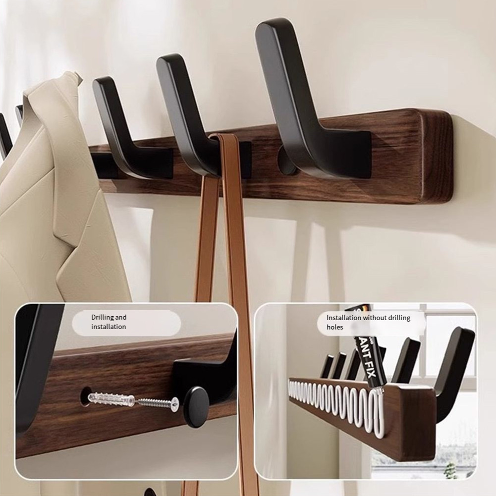 Walnut Wood Hook Wall Mounted Coat Rack Punch-Free Wooden Coat Hooks ...