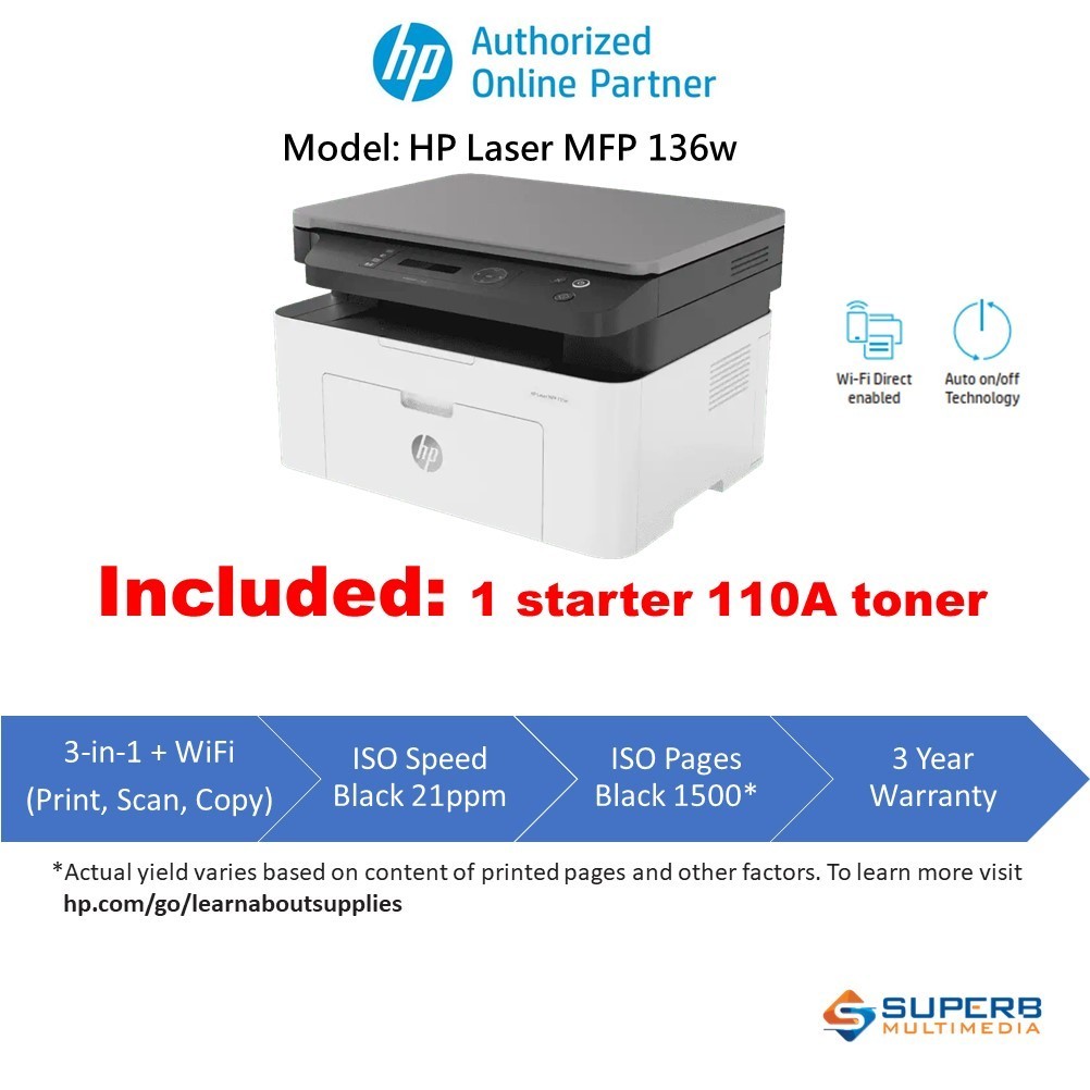Brand Box Bundle HP MFP 136W Printer with Extra one unit 110A Toner And ...