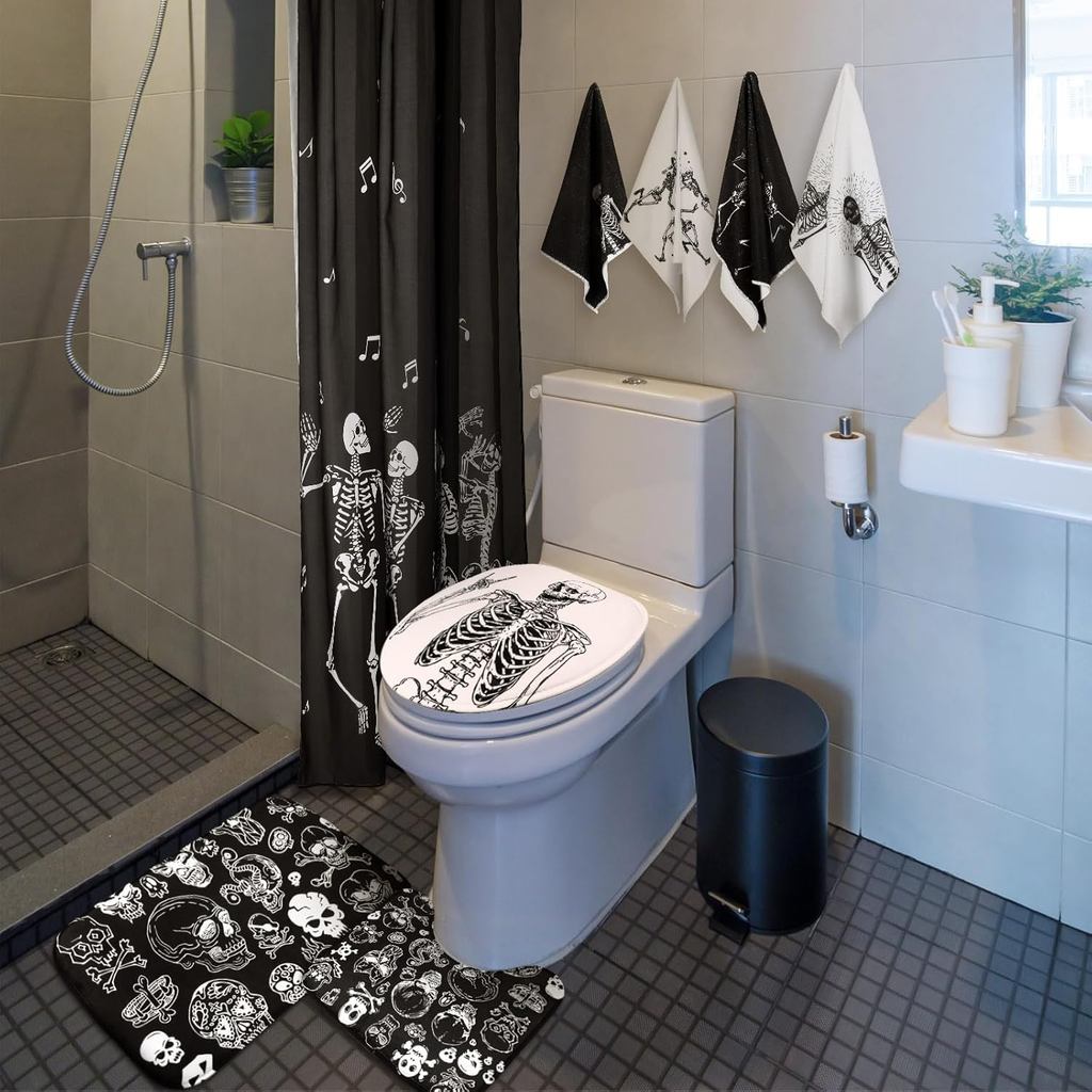 Honoson 8 Pcs Skeleton Shower Curtain Set with Rugs and Kitchen Towels ...