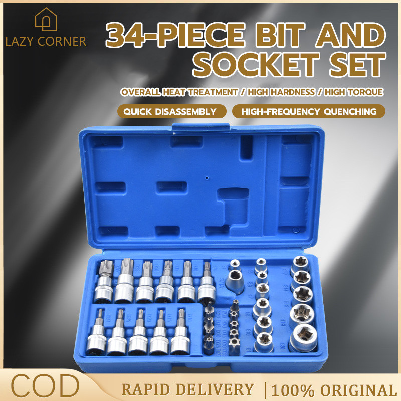 34 Pcs E Torx Bit Drive Set 1/4”,3/8” E4-E24 E Torx Star Female Bit ...