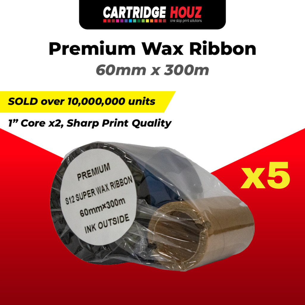 60mm x 300m [ 5 Unit ] Wax Barcode Ribbon for Thermal Transfer Printer ...
