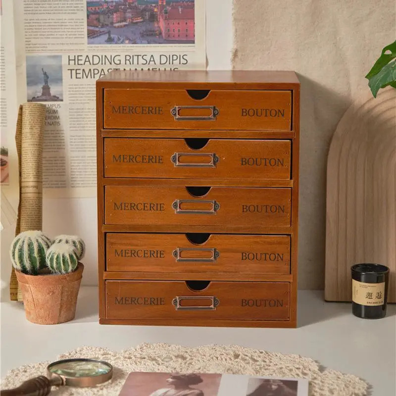 Wooden five-layer drawer storage cabinet dormitory office desktop retro ...