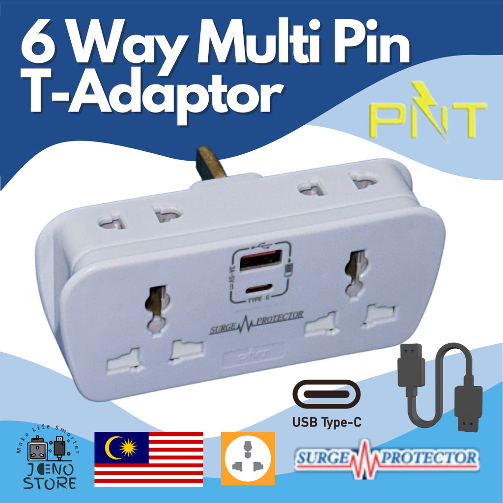 PNT 6 Way Multi universal Pin T-adapter With/Without USB and Type-C ...