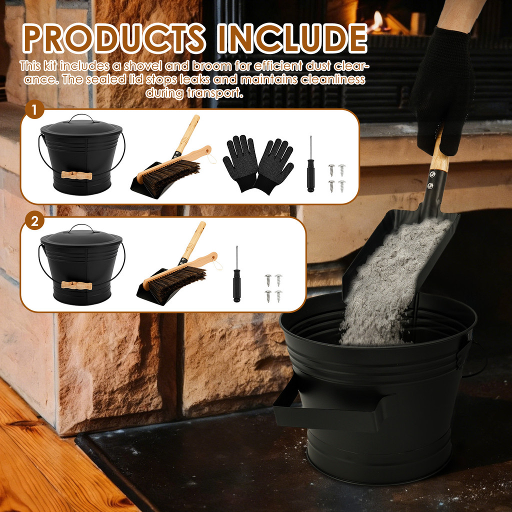 1.5 Gallon Ash Bucket with Lid Shovel and Broom Metal Finish for ...