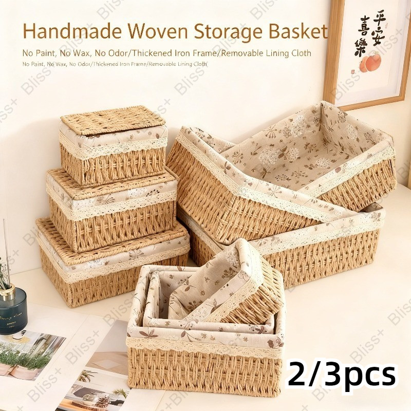 Rattan Basket with Lid Handmade Rattan Box Desktop Woven Storage Basket ...