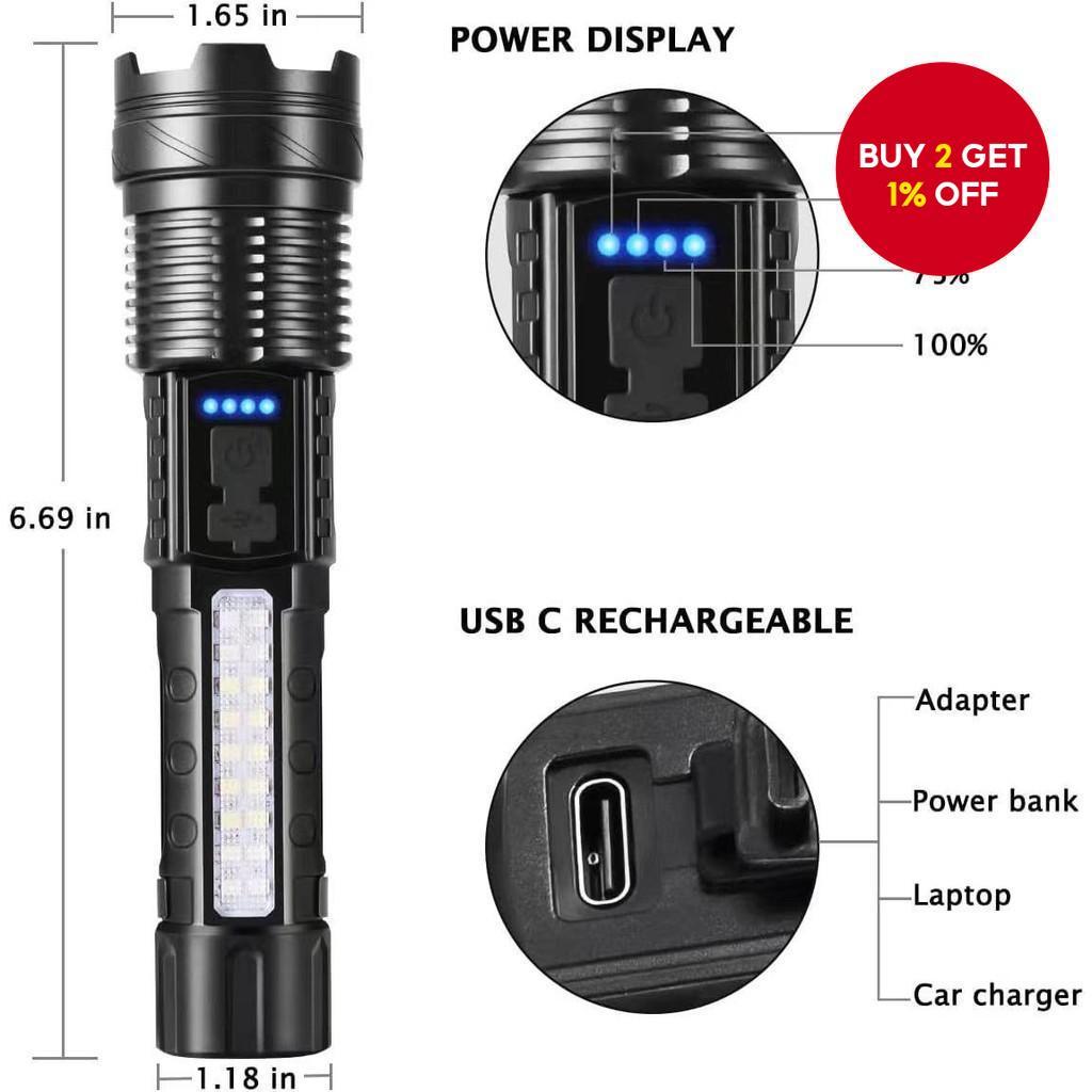 New rechargeable LED flashlight with adjustable zoom and red/blue COB ...