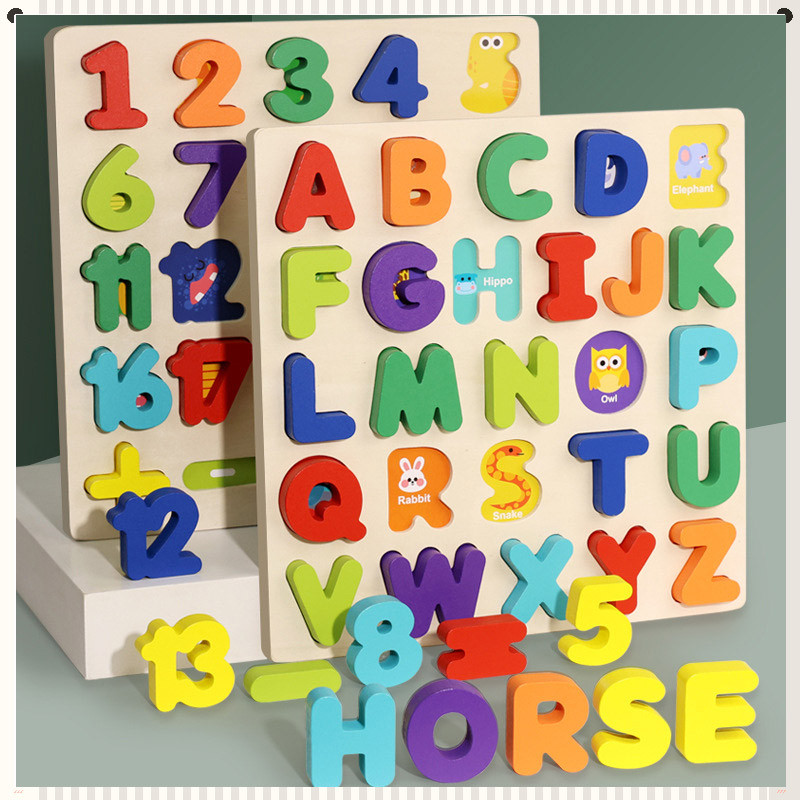3D Wooden Puzzle Matching Board Alphabet Number Shape Jigsaw Board ...