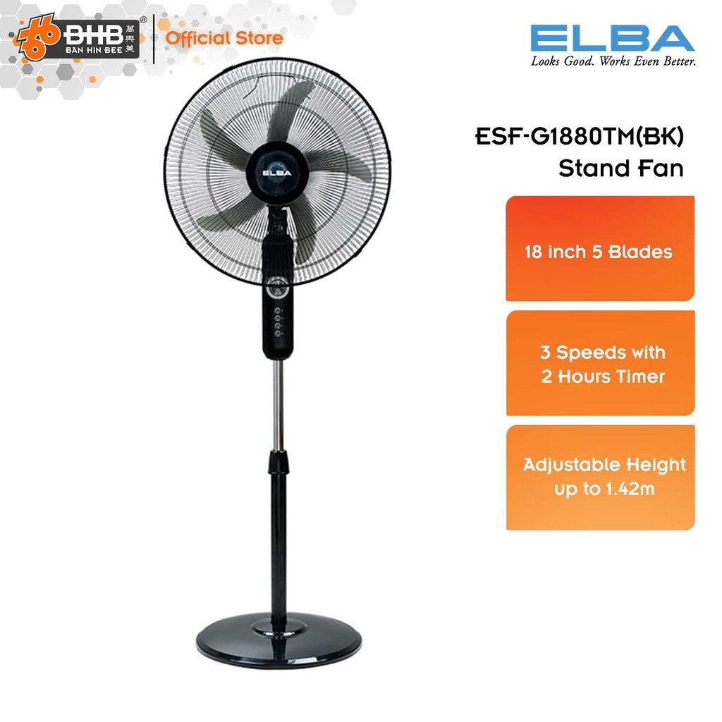 Elba Industrial Stand Fan ESF-G1880TM(BK) 18 Inch 5 Blades with 2 Hours ...