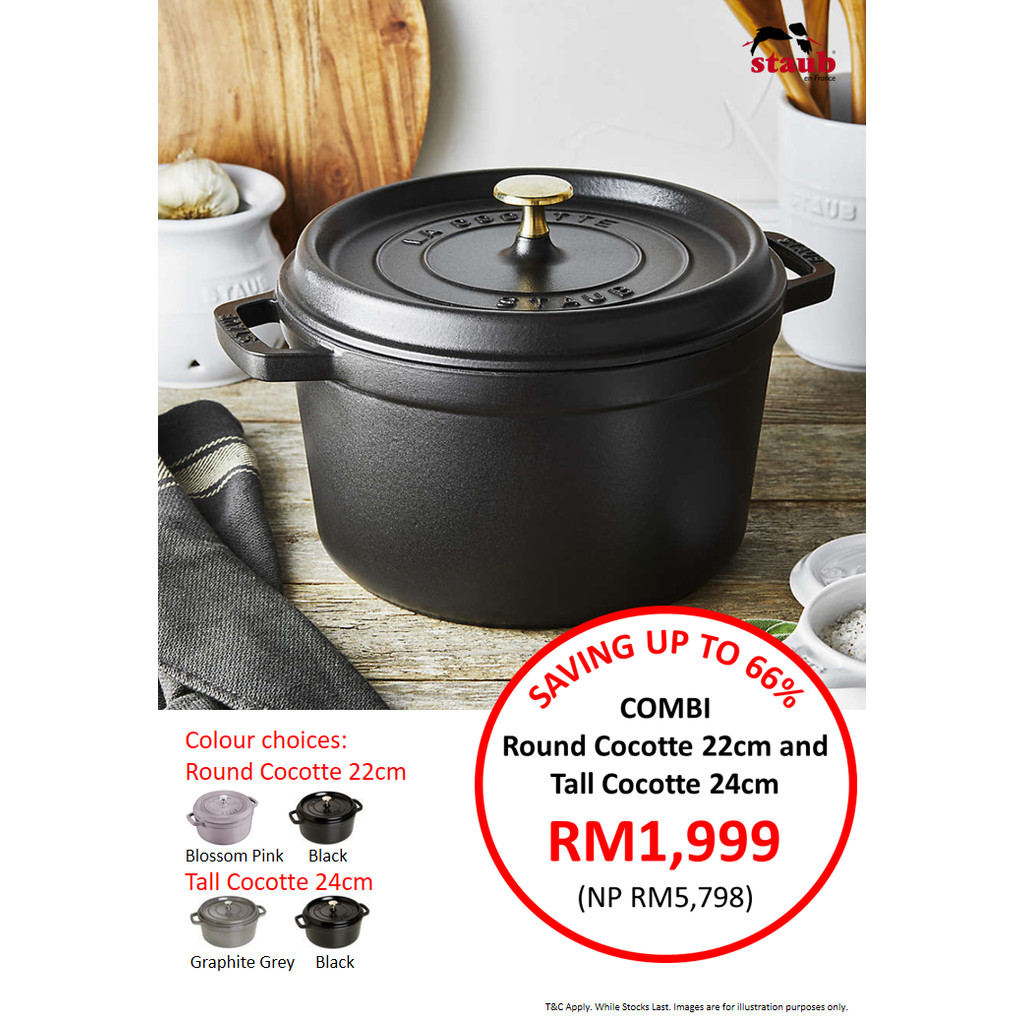 STAUB [Combo] 24cm Black/Grey Tall Cocotte Cast Iron Pot + 22cm