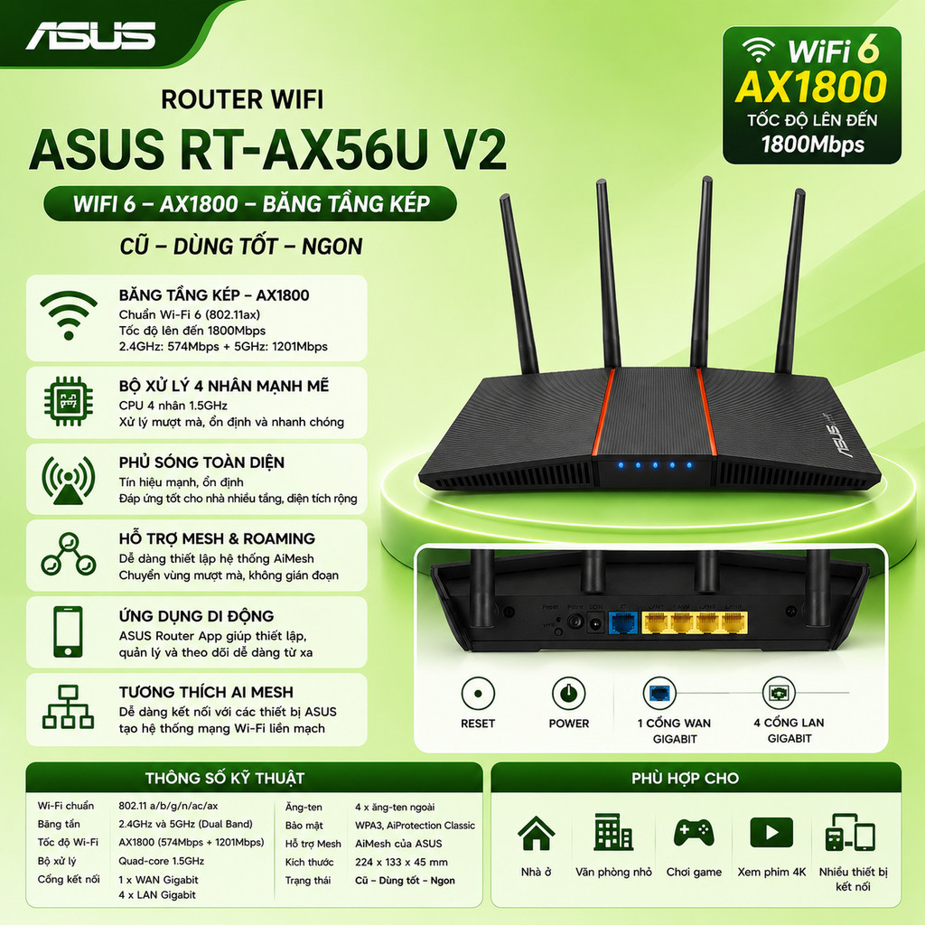 (Old) ASUS RT-AX56U V2 Wifi Router, Wifi 6, Dual Band AX1800 Standard ...