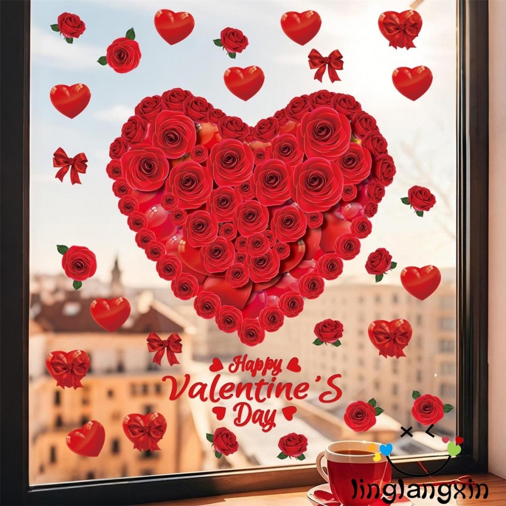 LLX-Valentines Day Window Clings Red Love Heart Roses PVC Window ...