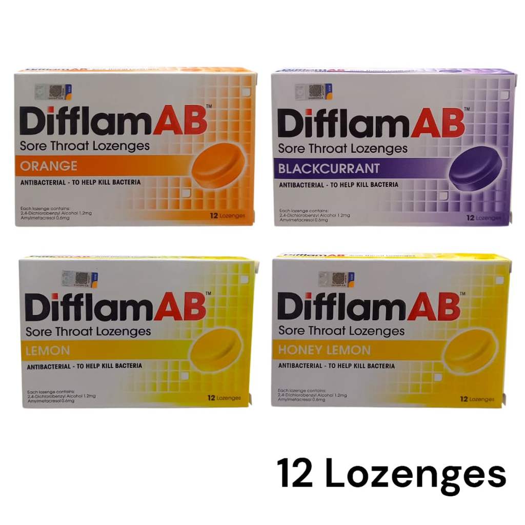 DIFFLAM AB SORE THROAT LOZENGES 12'S | ORANGE | HONEY LEMON | LEMON ...