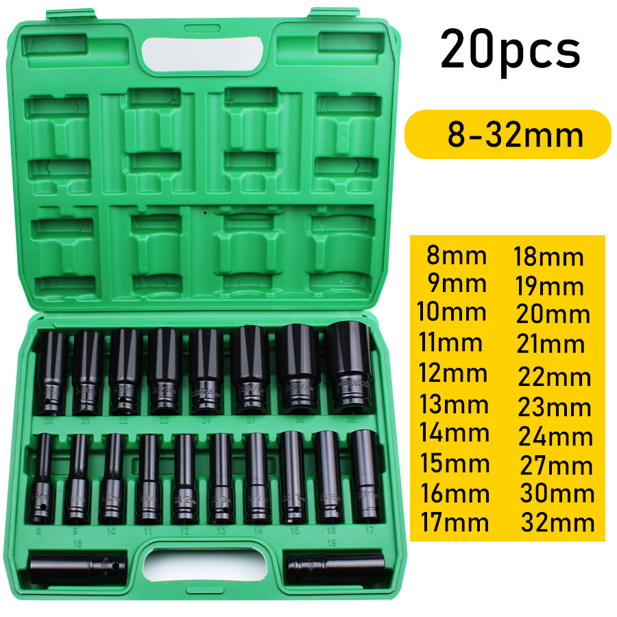 20 Pcs Deep Impact Socket Set Black Deep Box Set Tool Set 8-32mm 1/2 ...