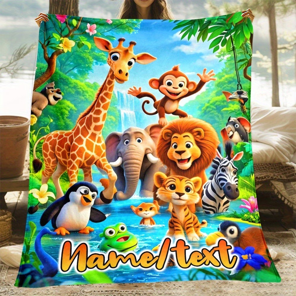 1pc Luxurious Soft Customizable Name Jungle Animal Blanket, Cartoon Zoo ...