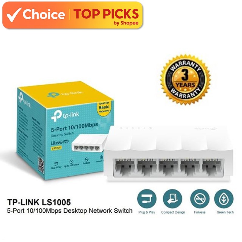 TP-Link LS1005 Network Switch – 5-Port 10/100Mbps RJ45 LAN Hub with ...