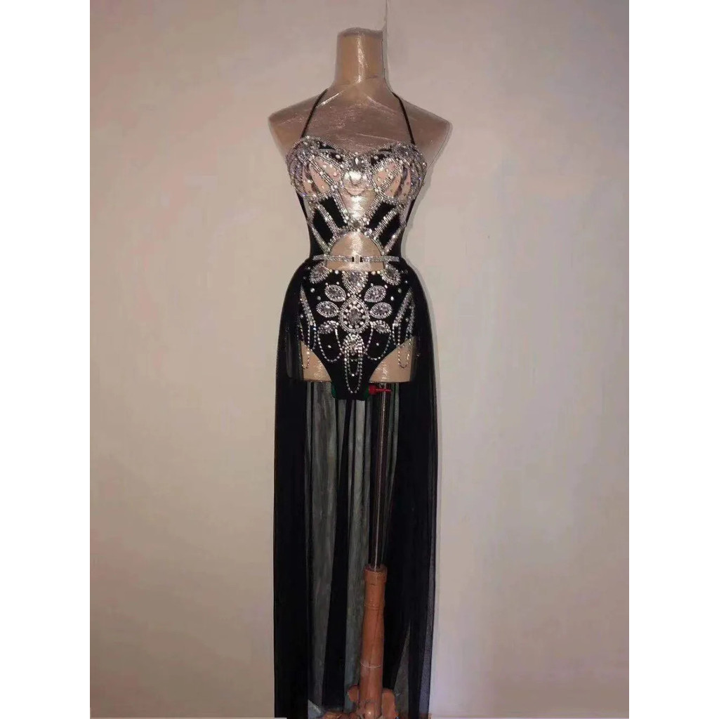 Stock Black Rhinestones Bikini Bodysuit Mesh Trailing Rave Outfits Jazz ...