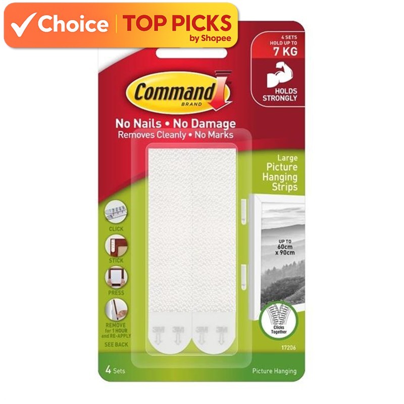 3M Command Large Picture Hanging Strips Hook & Loop Set No Damage Wall ...
