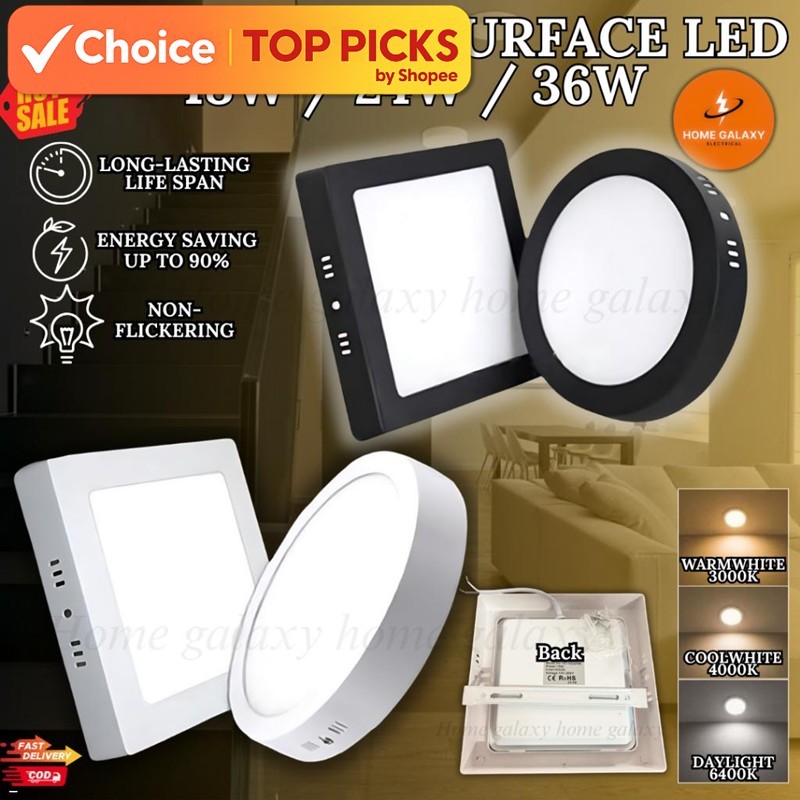 Lampu Siling LED Surface Downlight Bulat Petak Plastic 18W 24W 36W ...