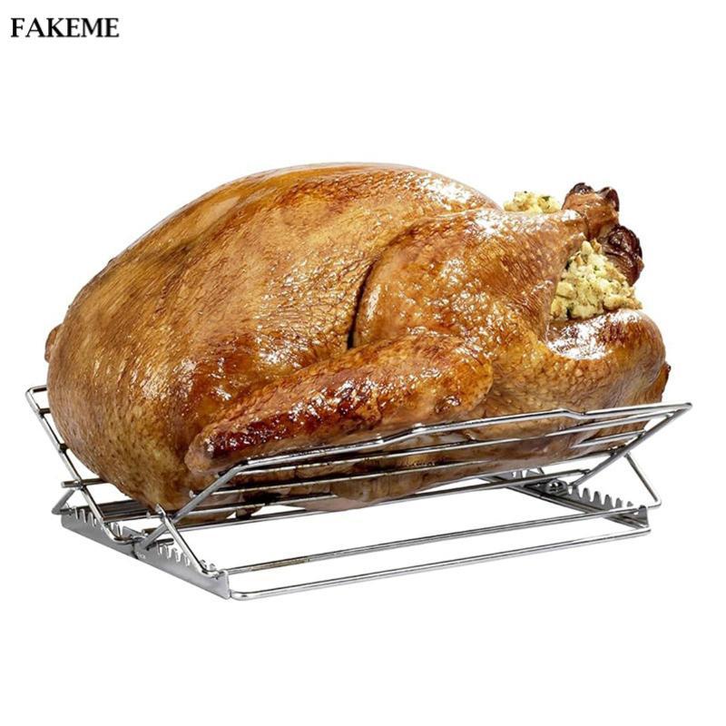 FAKEME Roasting Grilling Rack V Rack for Roasting Turkey Foldable ...