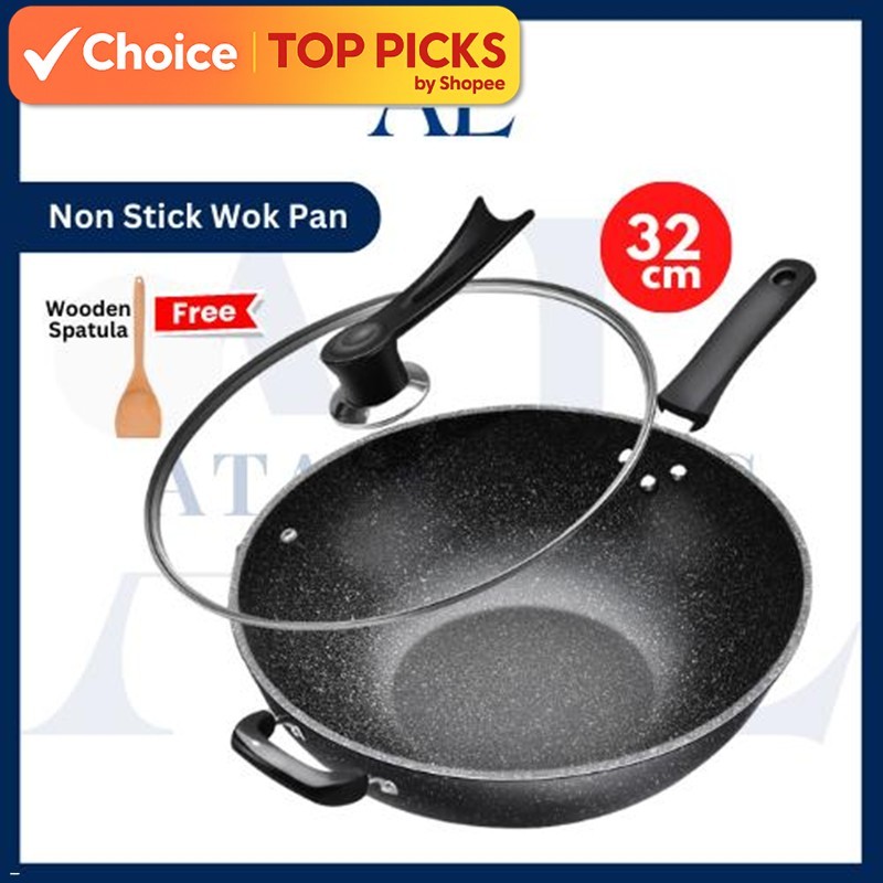 Korea Marble Non-Stick Deep Frying Wok Pan 32CM with Lid – High Quality ...
