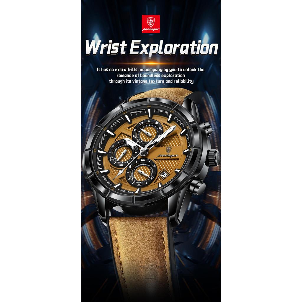 POEDAGAR Watch, Luxury Top Leather Date Chronograph Waterproof Night ...