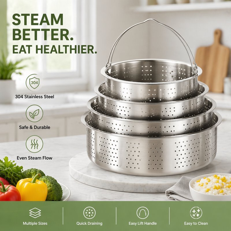 304 Stainless Steel Steamer Rack with Handle Basket Insert Rice Cooker ...