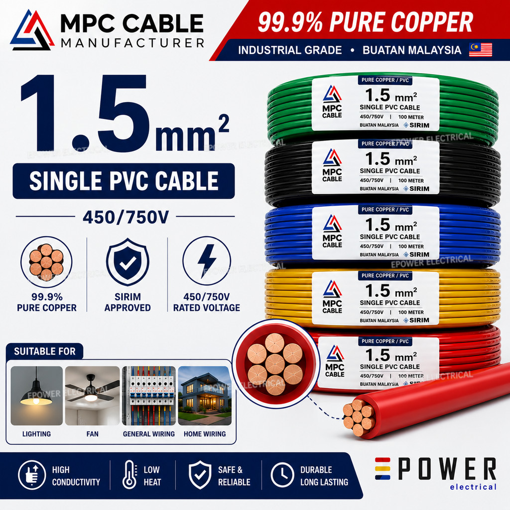MPC 1.5mm Single Core PVC Electrical Cable | SIRIM Approved Pure Copper ...