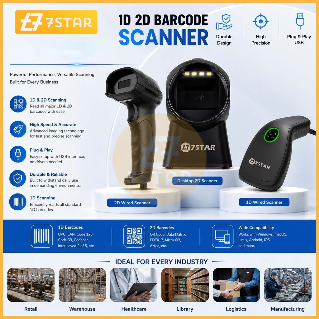7Star 1D 2D Automatic USB Barcode Scanner Laser Scan Bar Code Reader ...