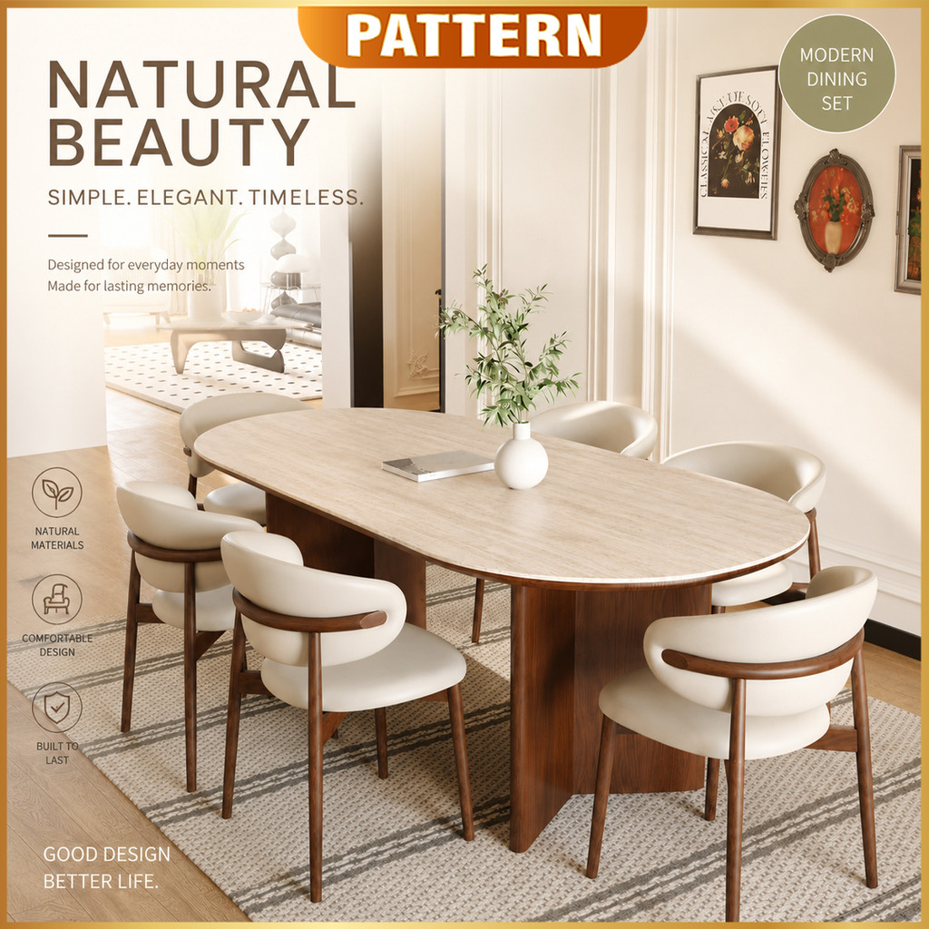 PATTERN Luxury Oval Ceramic Dining Table Set 1+4 | Elegant Walnut ...