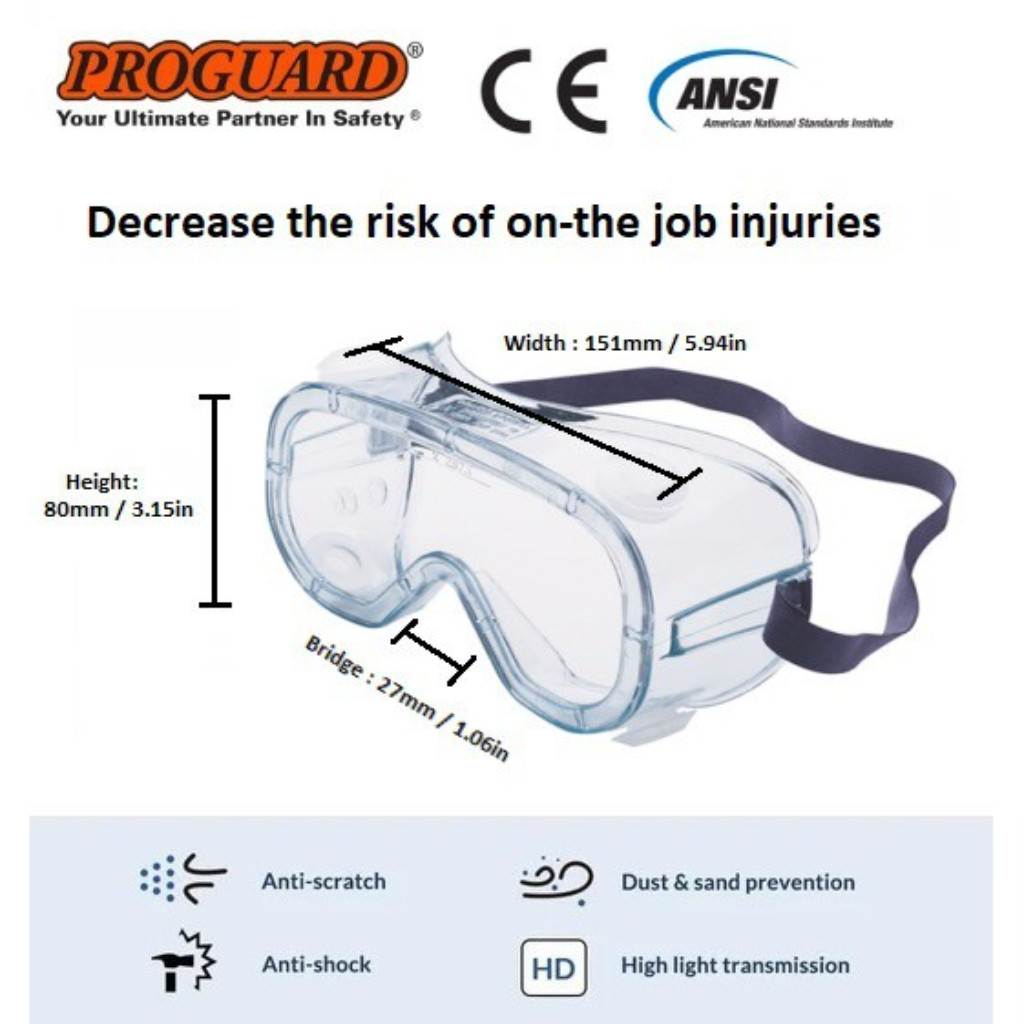 PROGUARD Classix Chemical Safety Goggles Clear PVC Anti Fog Protective ...