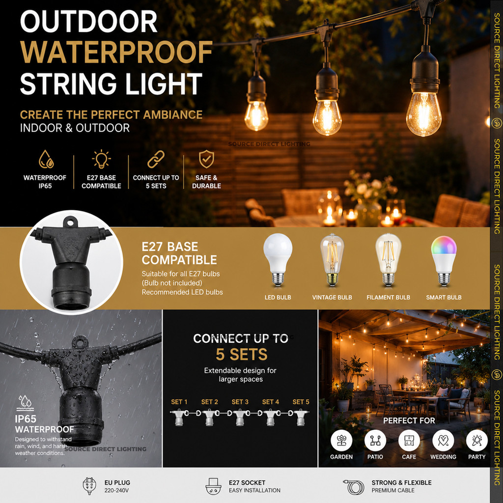 10 Meter E27 Lamp Holder Waterproof Outdoor LED String Light Flexible ...