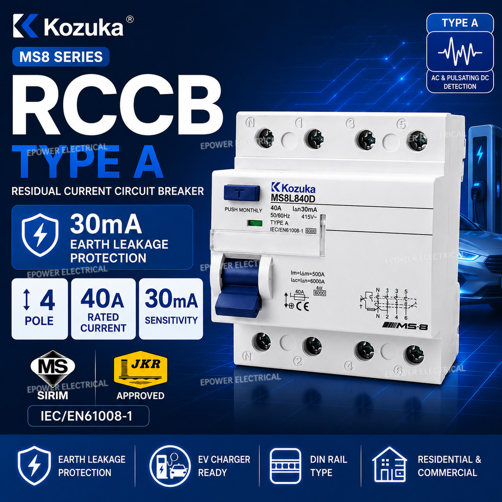 KOZUKA MS8 RCCB Type A 4P 40A 30mA SIRIM JKR EV Charger Residual ...