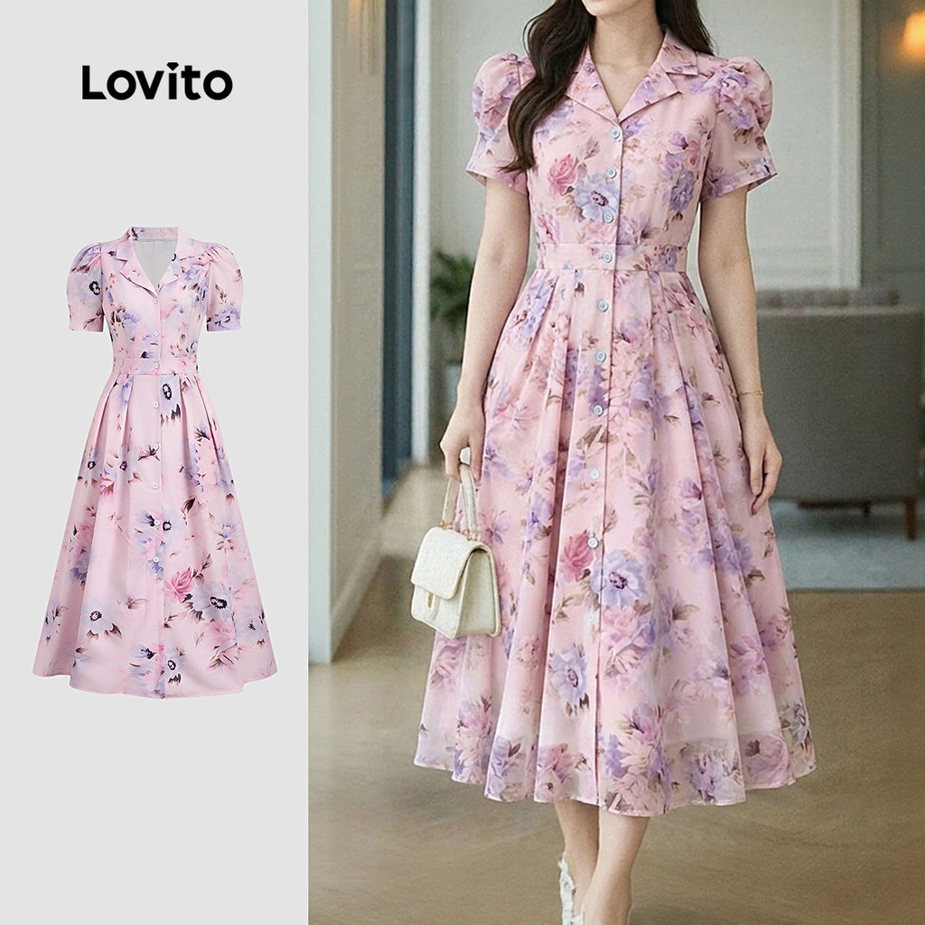 Lovito Elegant Dress Button Front Spring/summer Pink Dress for Women ...