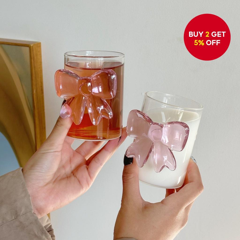 Girly Pink Bow Transparent Glass Cup – Stylish Heat-Resistant Milk ...