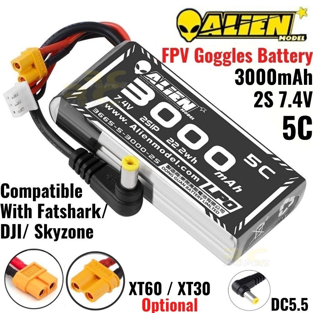 Alienmodel 2S 7.4V 3000mAh 5C Lipo Battery DC5.5& XT30/XT60 Plug ...