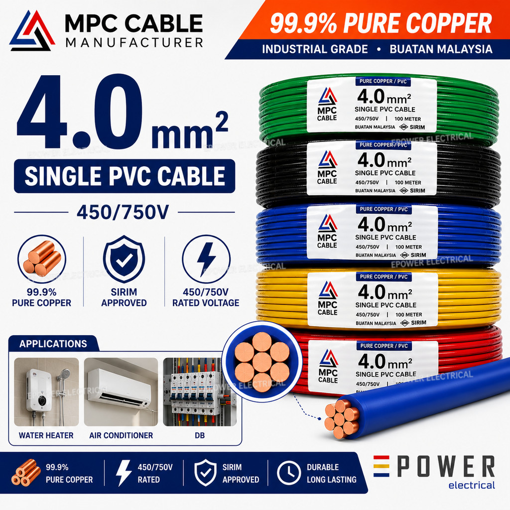 MPC 4MM Single Core PVC Cable 450/750V SIRIM Approved Pure Copper Made ...