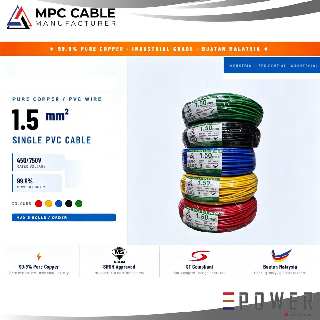 MPC 1.5mm Single Core PVC Electrical Cable | SIRIM Approved Pure Copper ...