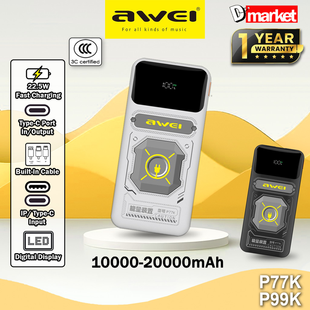 【3C Certified】Awei P77K 10000mAh Powerbank 22.5W Fast Charging Power ...
