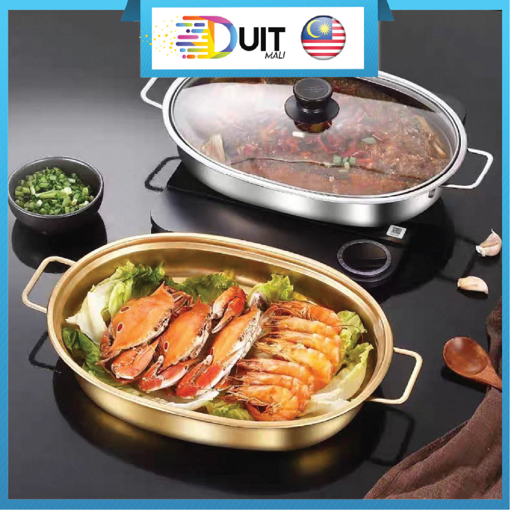 DM Stainless Steel Grilled Fish Pan With Glass Cover Steaming Tray Pot ...