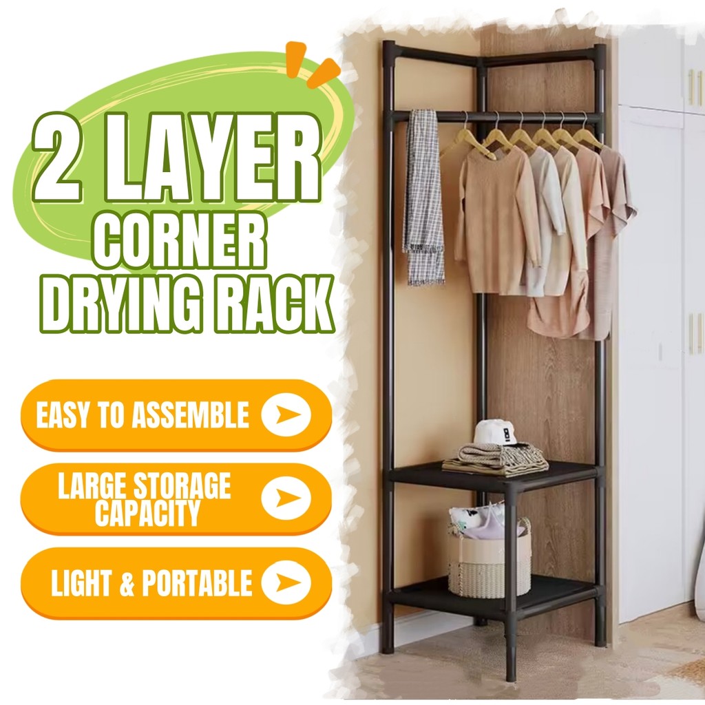 2 Layer Corner Rack Cloth Hanging Drying Rack Wardrobe Laundry Hanger ...