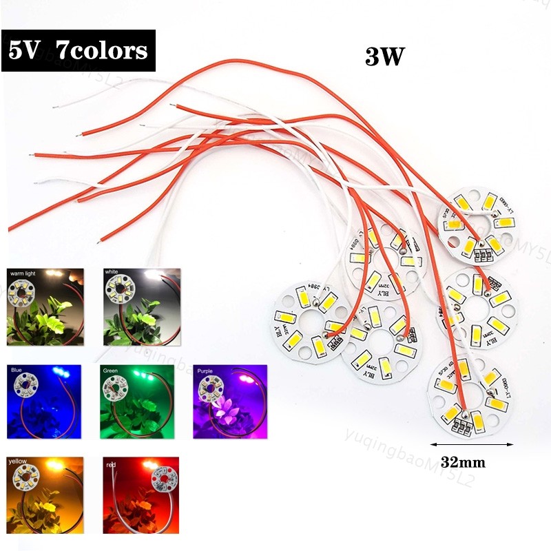 32mm LED 3W 5V Lamp chip Bead Light Board Source 2pin wire Bulb Round ...