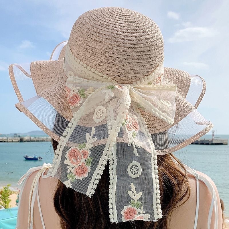 Beach Straw Hat With Lace Ribbon Korean Version of The Seaside