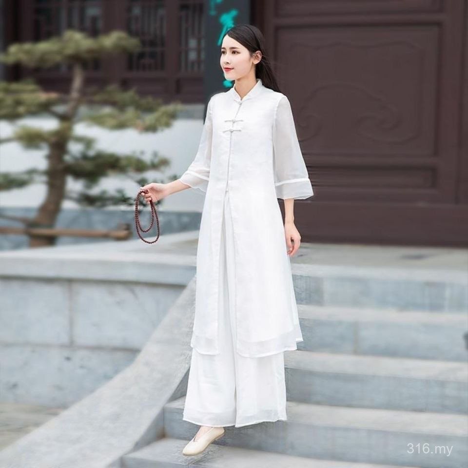 Slim Fit Retro Women's Two-Piece Hanfu Set with Wide Leg Pants | Shopee ...