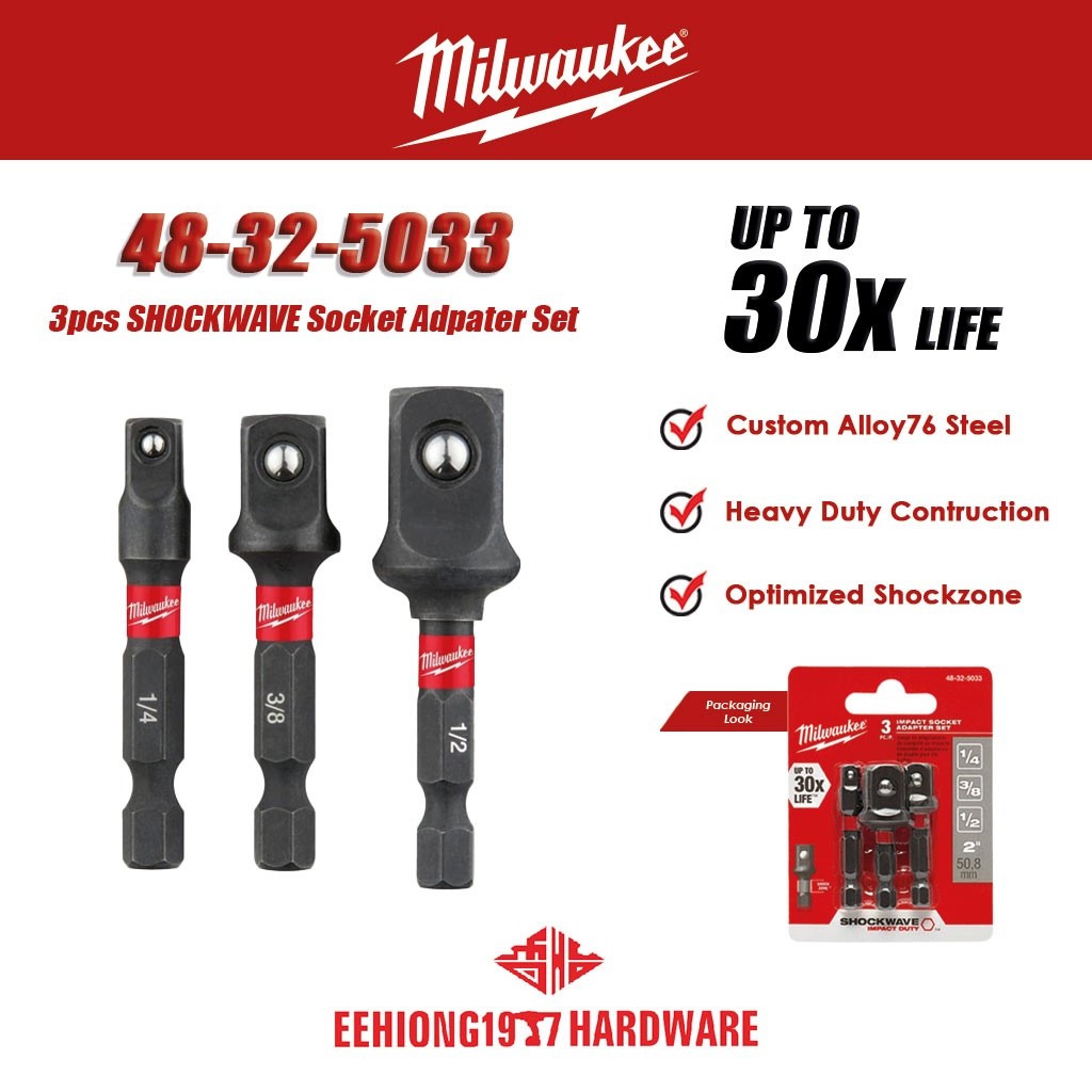MILWAUKEE 48-32-5033 3pcs SHOCKWAVE Impact Duty Socket Adapter Set ...